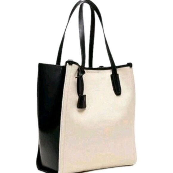 J. CREW Signet Cloth Tote Bag in Canvas and Leather Ivory and Black Carryall - Picture 1 of 9